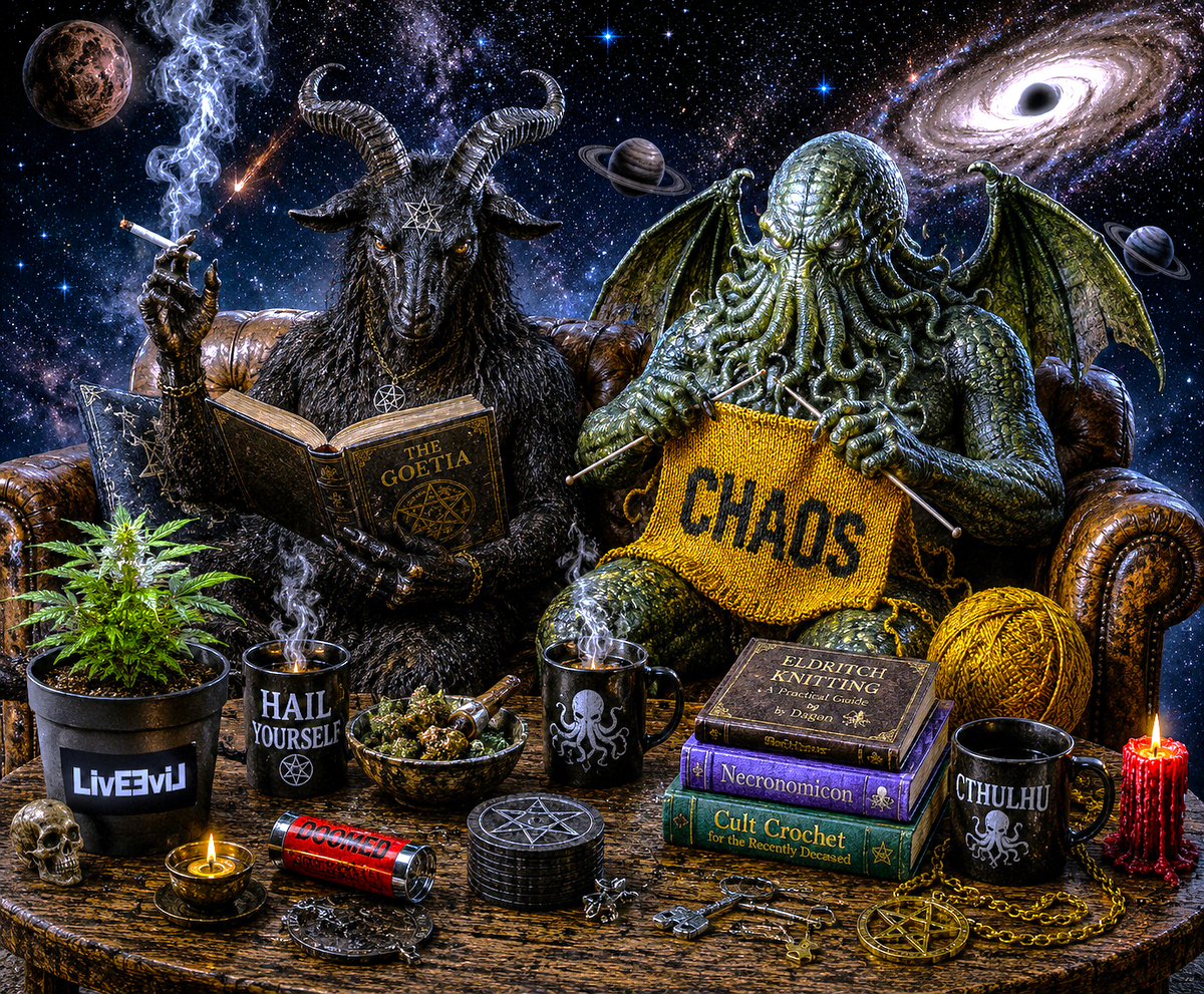 Baph and Lu relaxing together in a surreal cosmic LivEƎvi⅃ scene