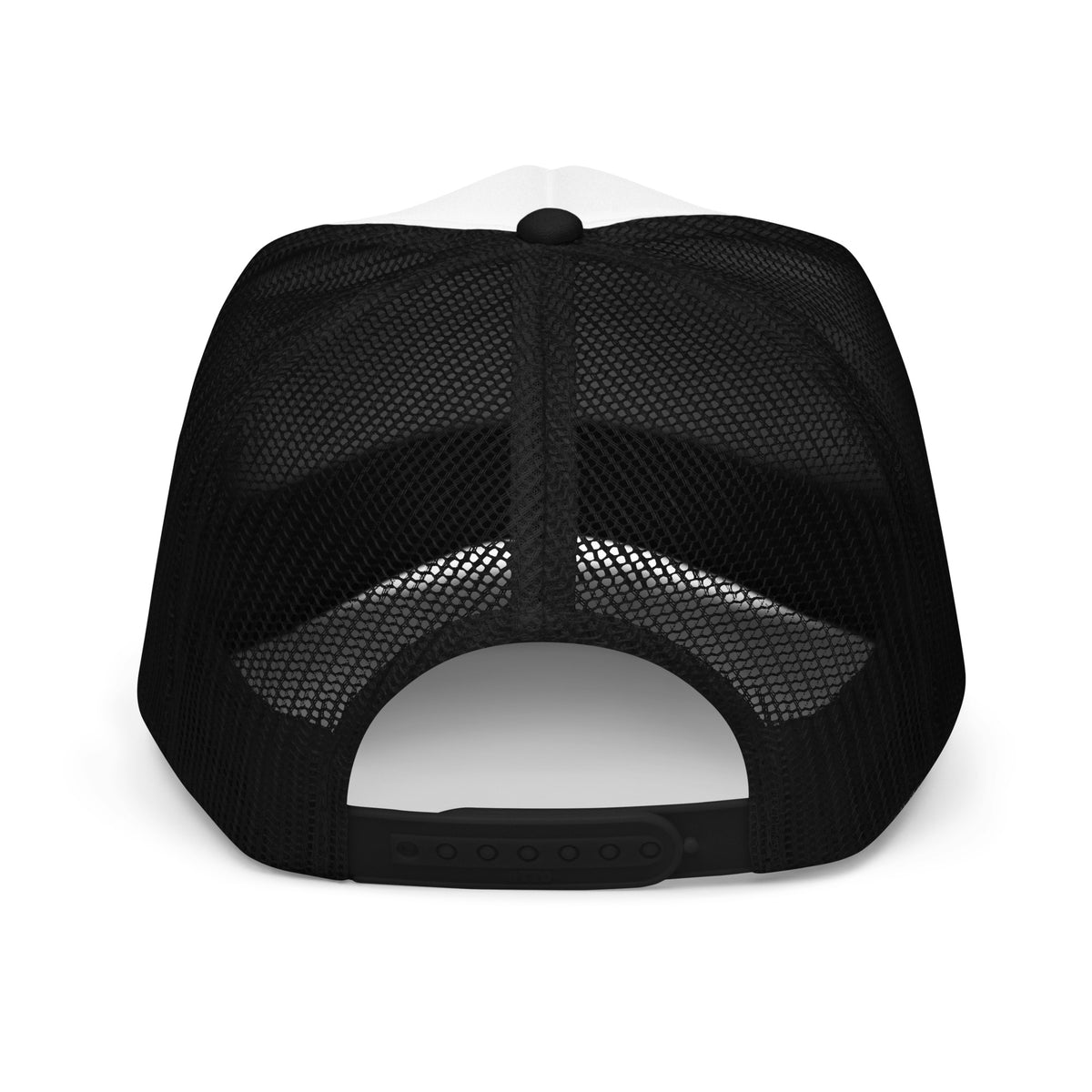 LivEƎvi⅃ foam trucker hat in black and white, back view