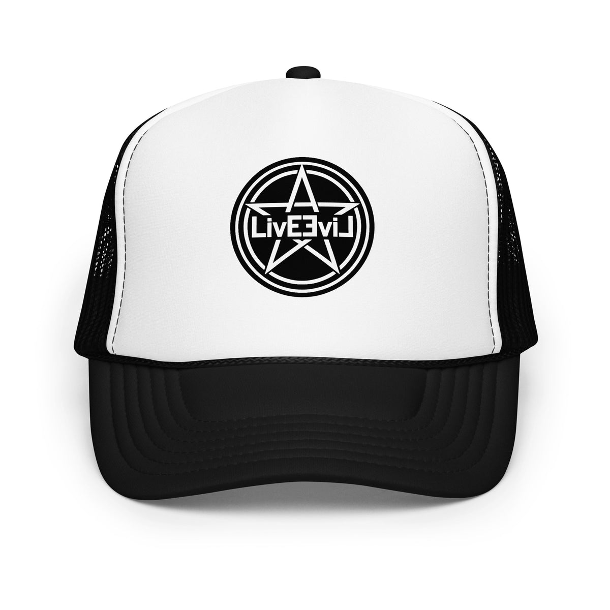 LivEƎvi⅃ foam trucker hat in black and white, front view