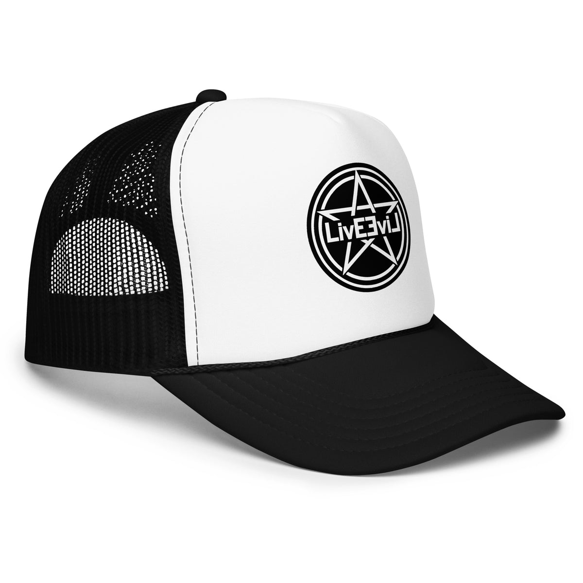 LivEƎvi⅃ foam trucker hat in black and white, right front view
