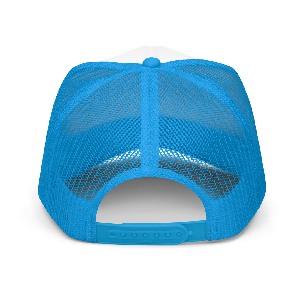 LivEƎvi⅃ foam trucker hat in blue and white, back view