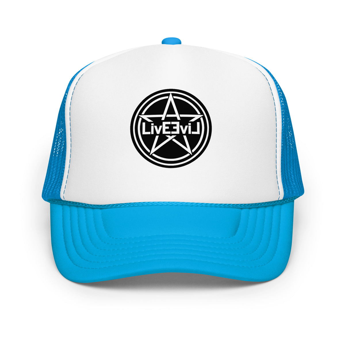 LivEƎvi⅃ foam trucker hat in blue and white, front view
