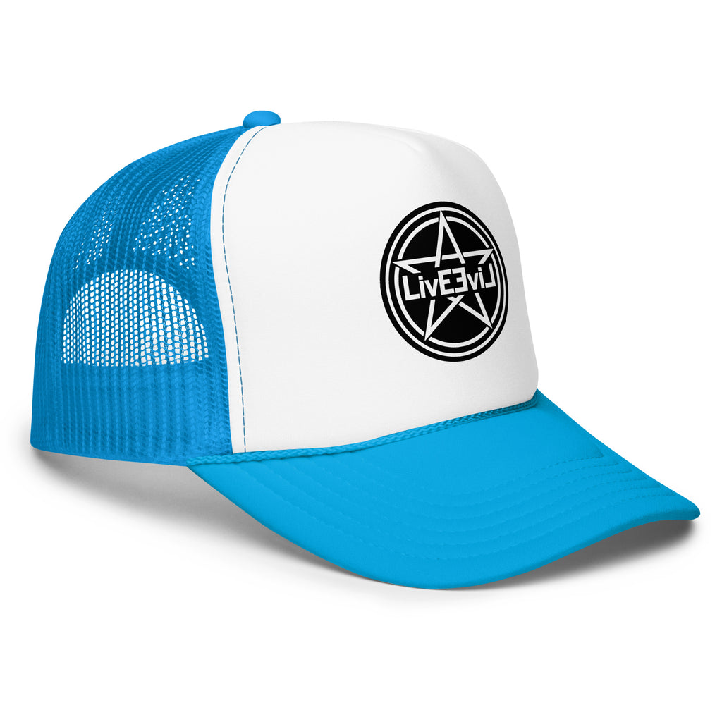 LivEƎvi⅃ foam trucker hat in blue and white, right front view