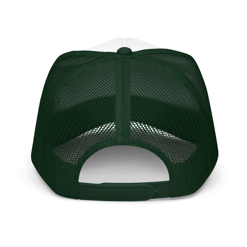 LivEƎvi⅃ foam trucker hat in dark green and white, back view