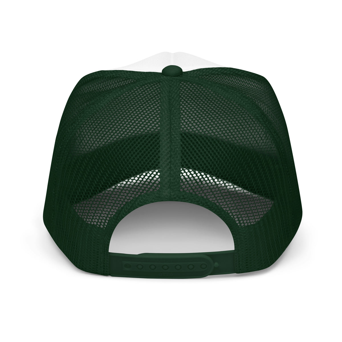 LivEƎvi⅃ foam trucker hat in dark green and white, back view