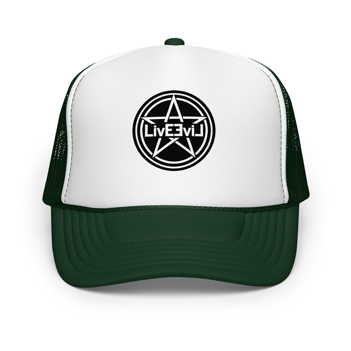 LivEƎvi⅃ foam trucker hat in dark green and white, front view