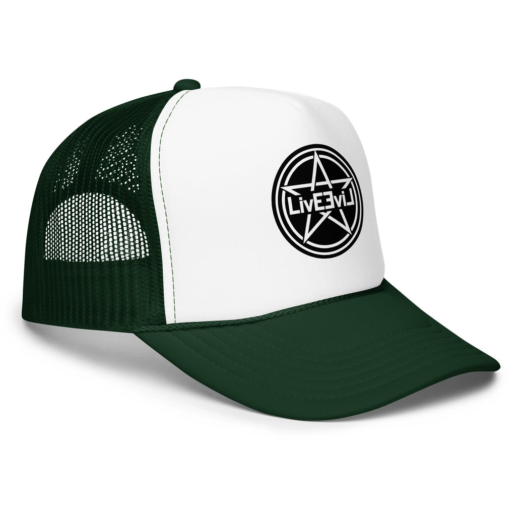 LivEƎvi⅃ foam trucker hat in dark green and white, right front view