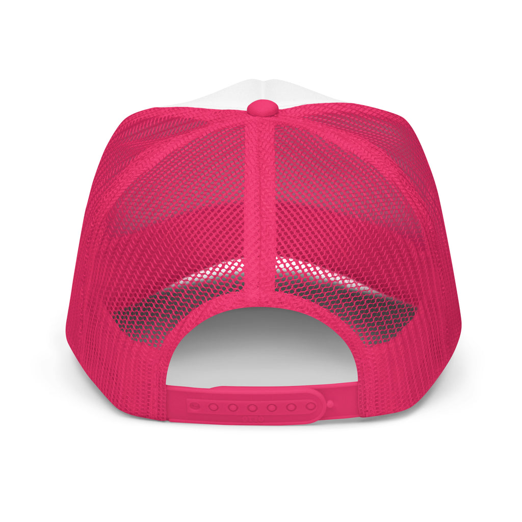 LivEƎvi⅃ foam trucker hat in hot pink and white, back view
