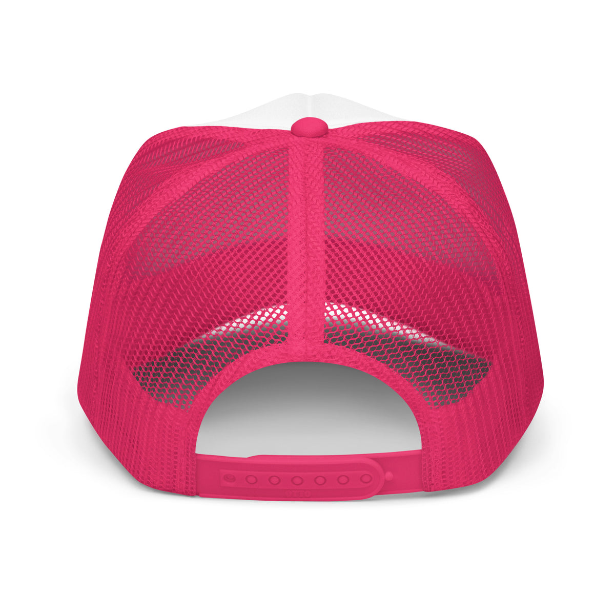 LivEƎvi⅃ foam trucker hat in hot pink and white, back view