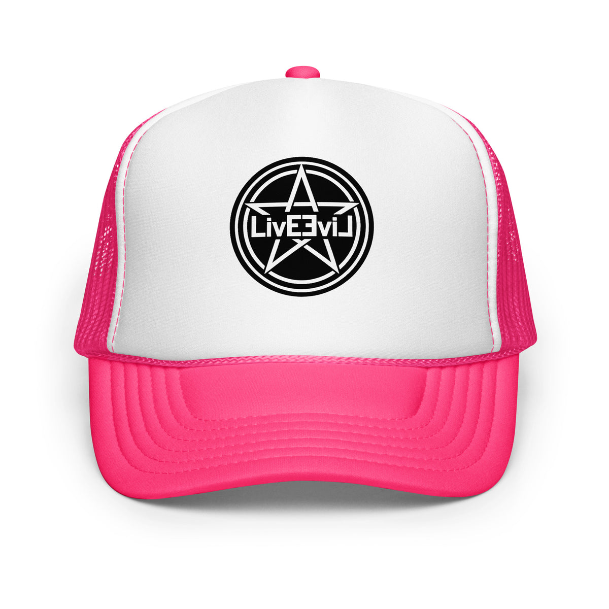 LivEƎvi⅃ foam trucker hat in hot pink and white, front view