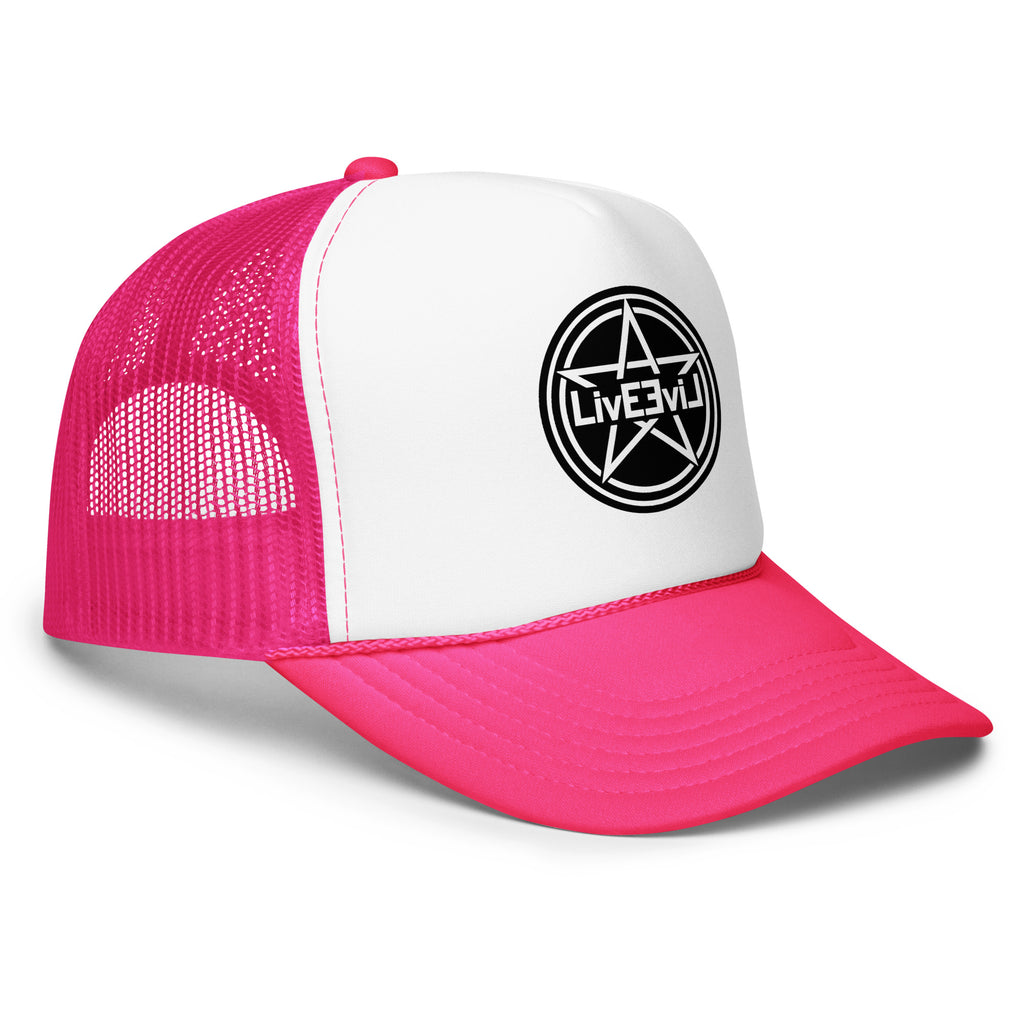 LivEƎvi⅃ foam trucker hat in hot pink and white, right front view