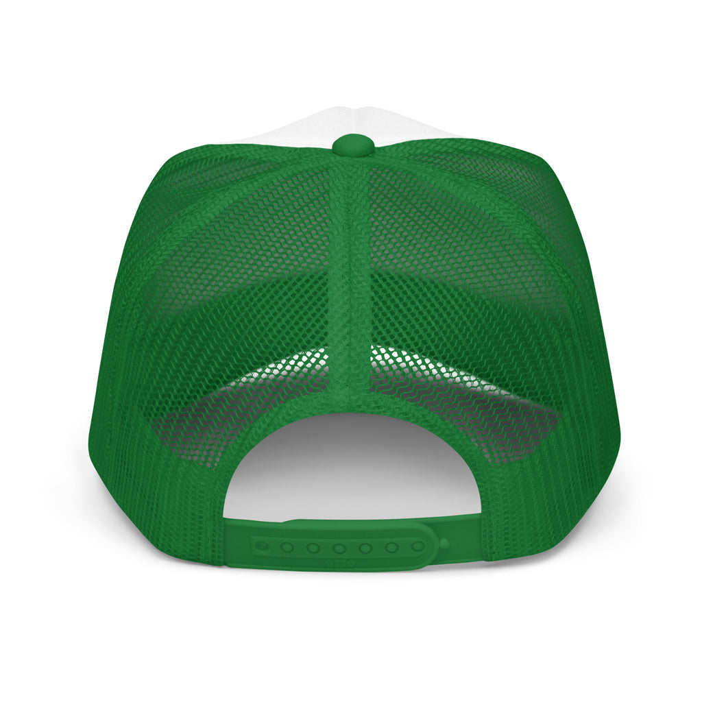 LivEƎvi⅃ foam trucker hat in kelly green and white, back view