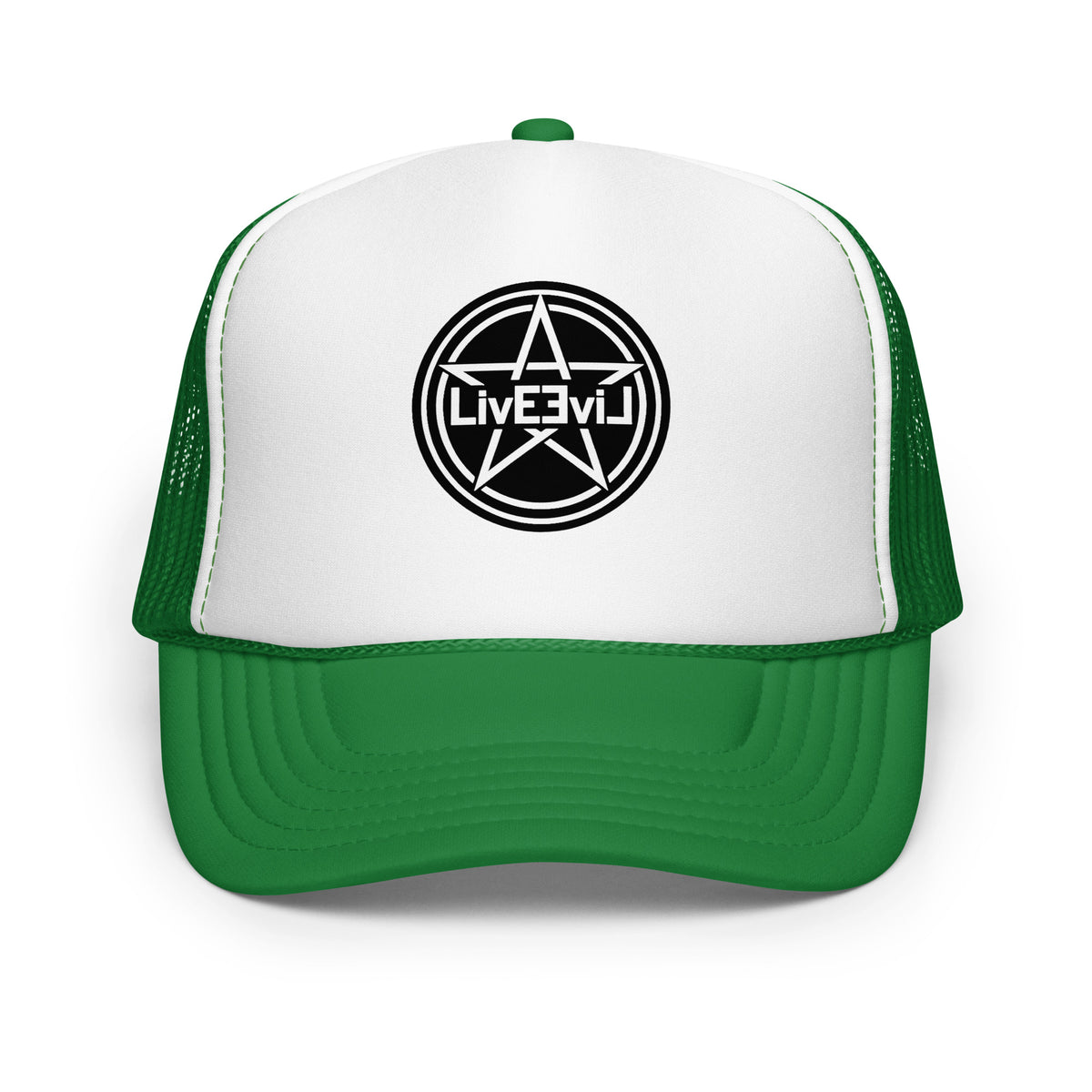 LivEƎvi⅃ foam trucker hat in kelly green and white, front view