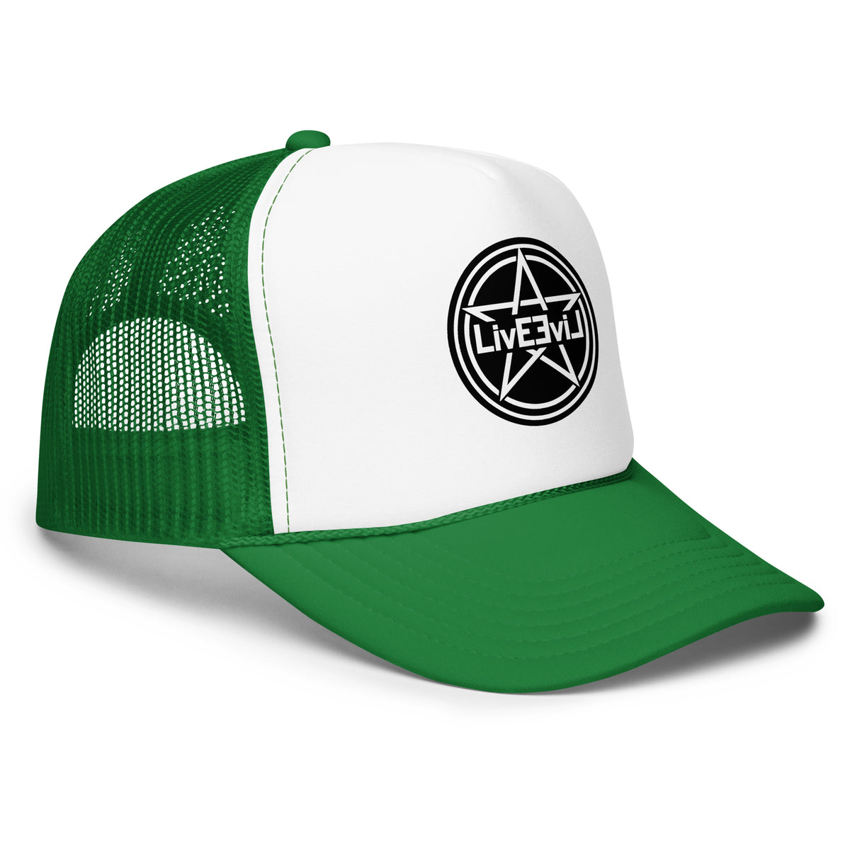 LivEƎvi⅃ foam trucker hat in kelly green and white, right front view