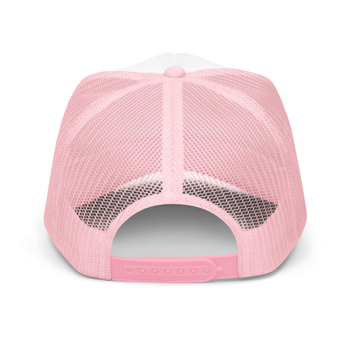 LivEƎvi⅃ foam trucker hat in light pink and white, back view