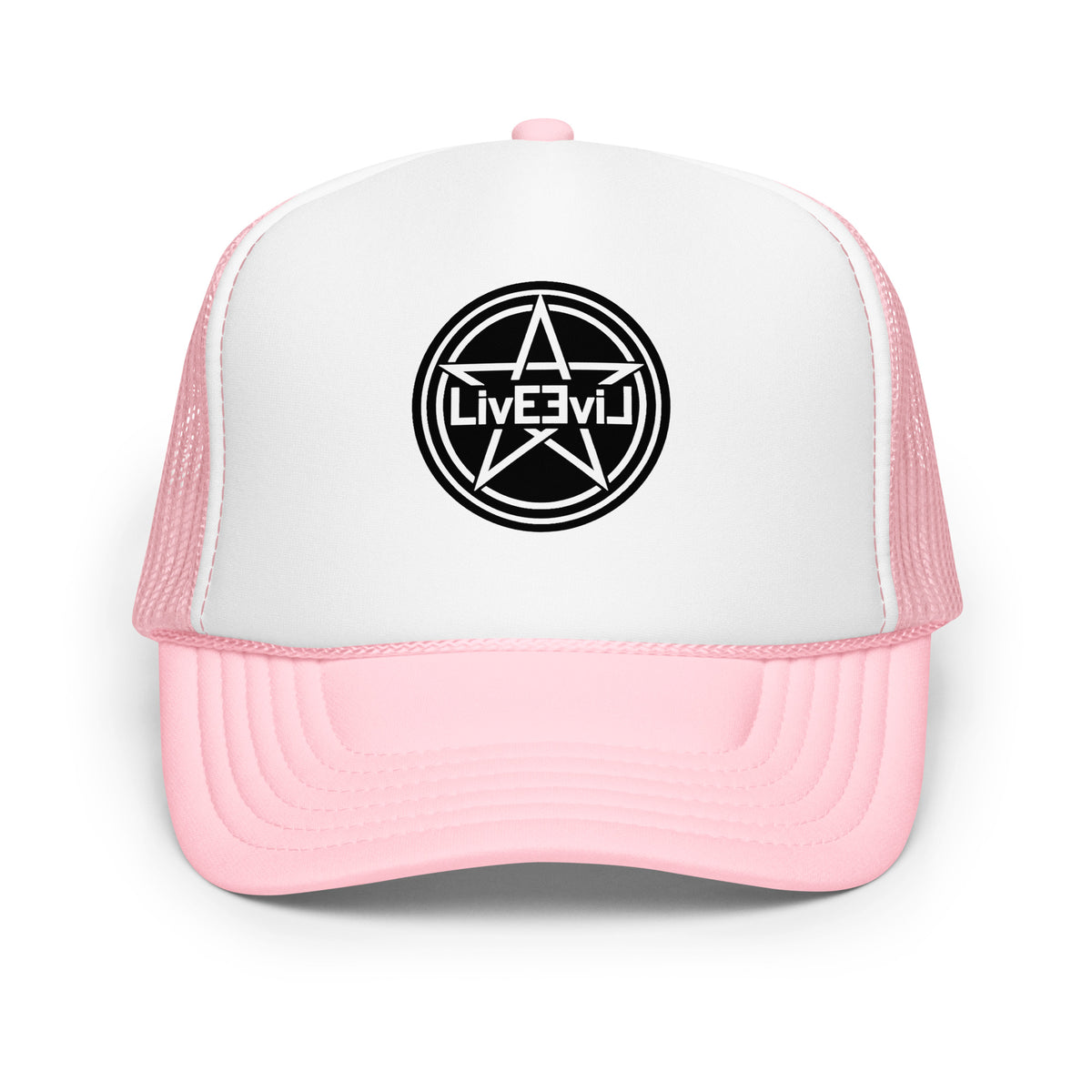 LivEƎvi⅃ foam trucker hat in light pink and white, front view