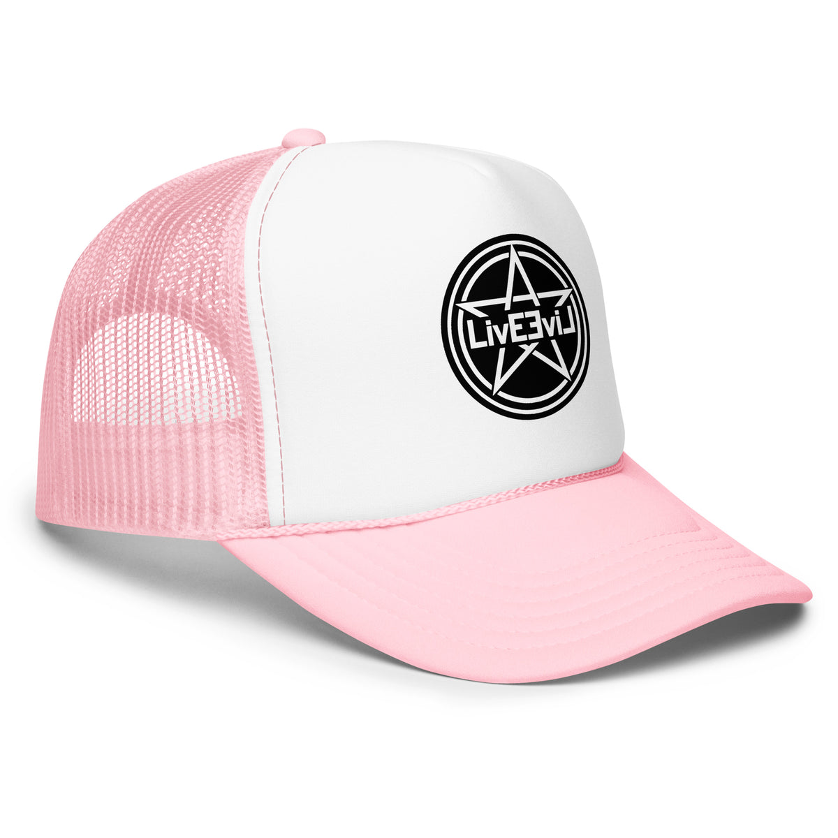 LivEƎvi⅃ foam trucker hat in light pink and white, right front view
