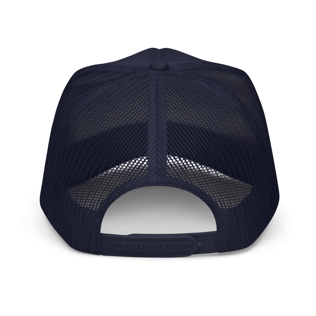 LivEƎvi⅃ foam trucker hat in navy, back view