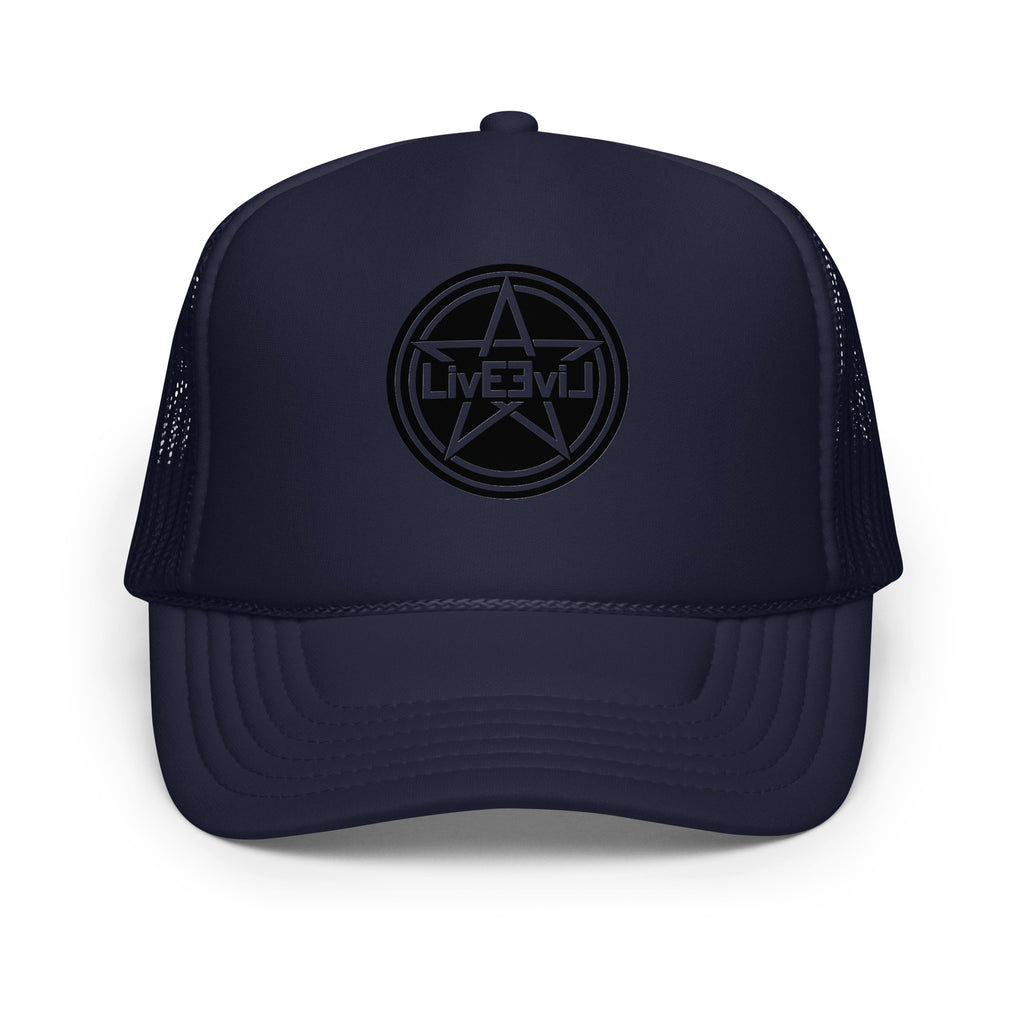 LivEƎvi⅃ foam trucker hat in navy, front view