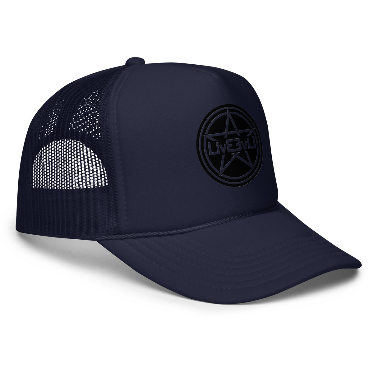 LivEƎvi⅃ foam trucker hat in navy, right front view