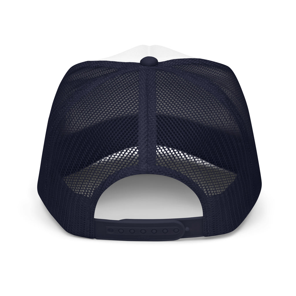 LivEƎvi⅃ foam trucker hat in navy and white, back view