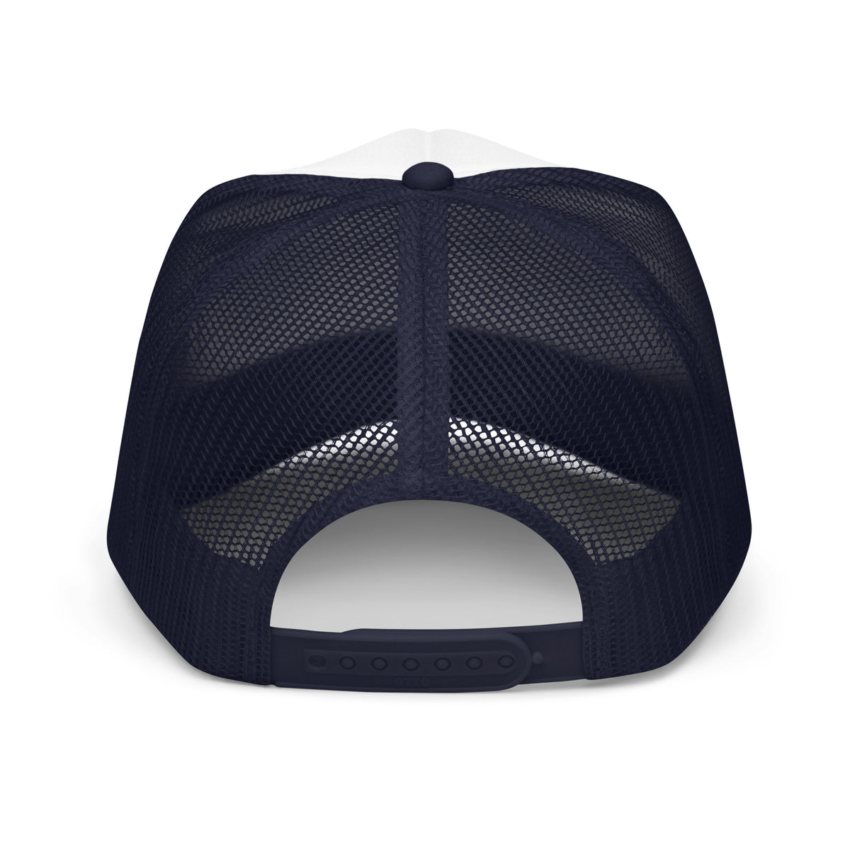 LivEƎvi⅃ foam trucker hat in navy and white, back view