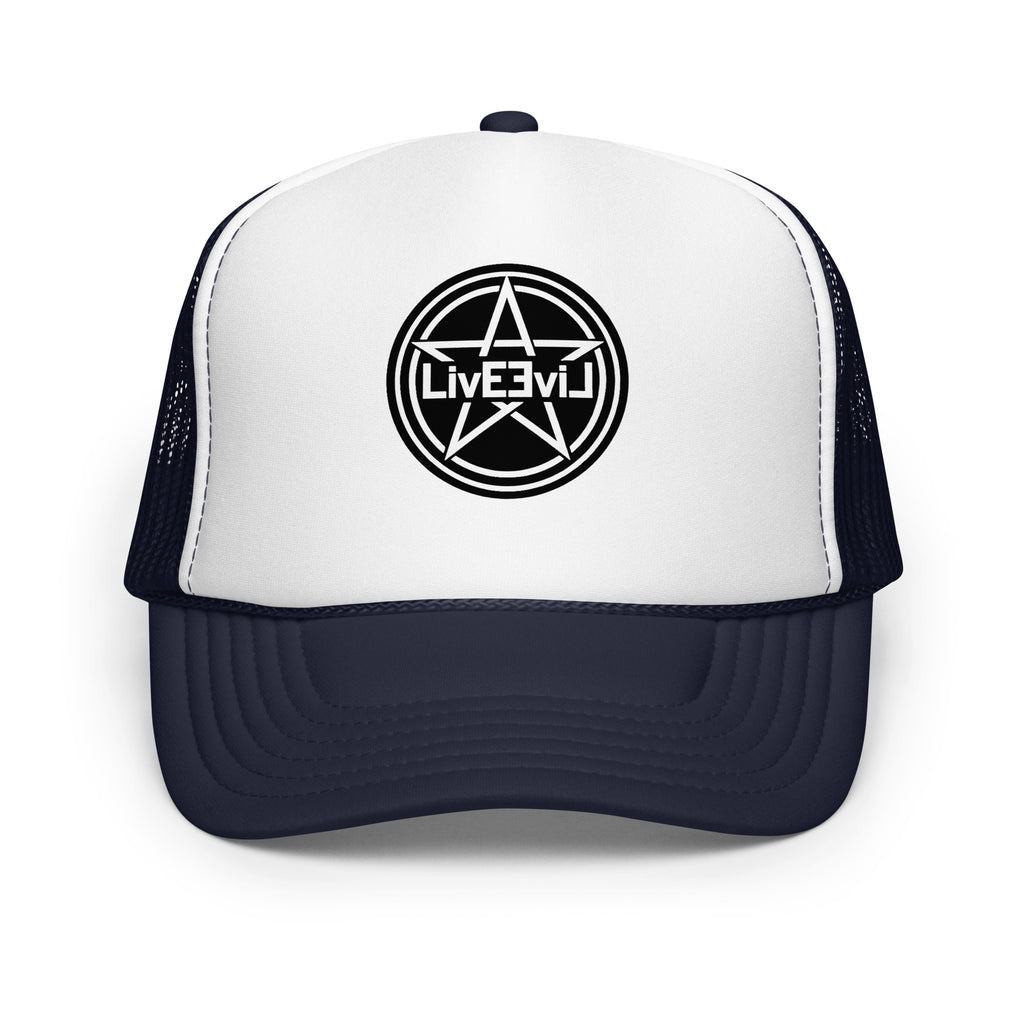 LivEƎvi⅃ foam trucker hat in navy and white, front view