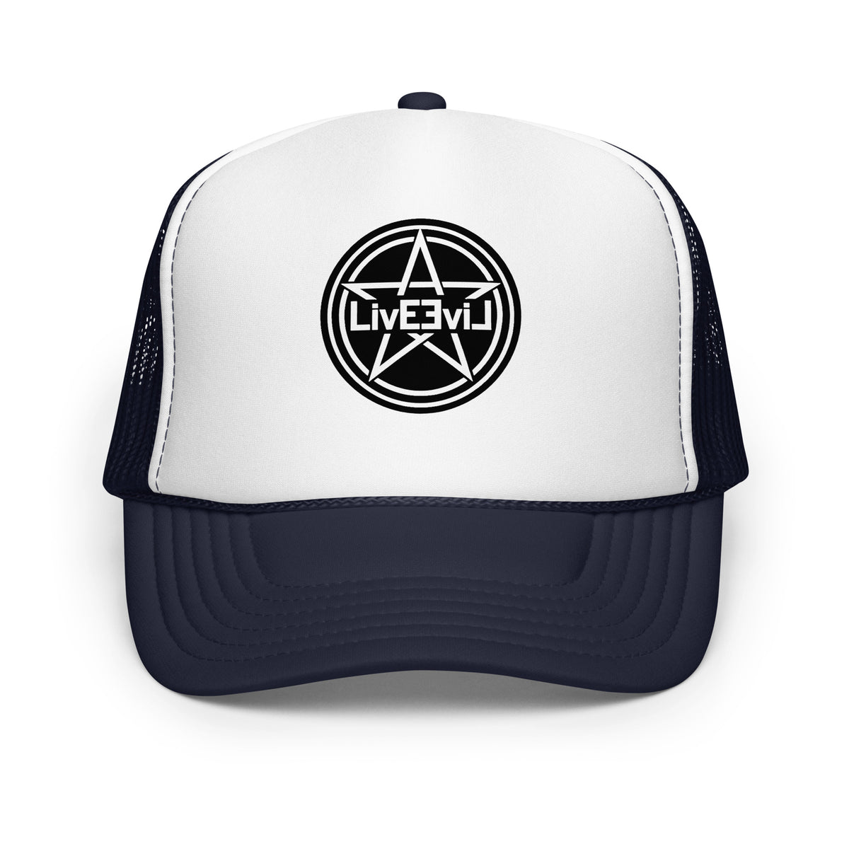 LivEƎvi⅃ foam trucker hat in navy and white, front view