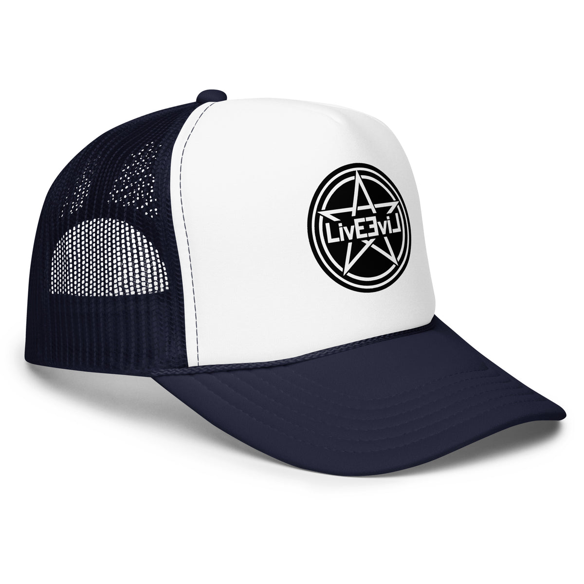 LivEƎvi⅃ foam trucker hat in navy and white, right front view