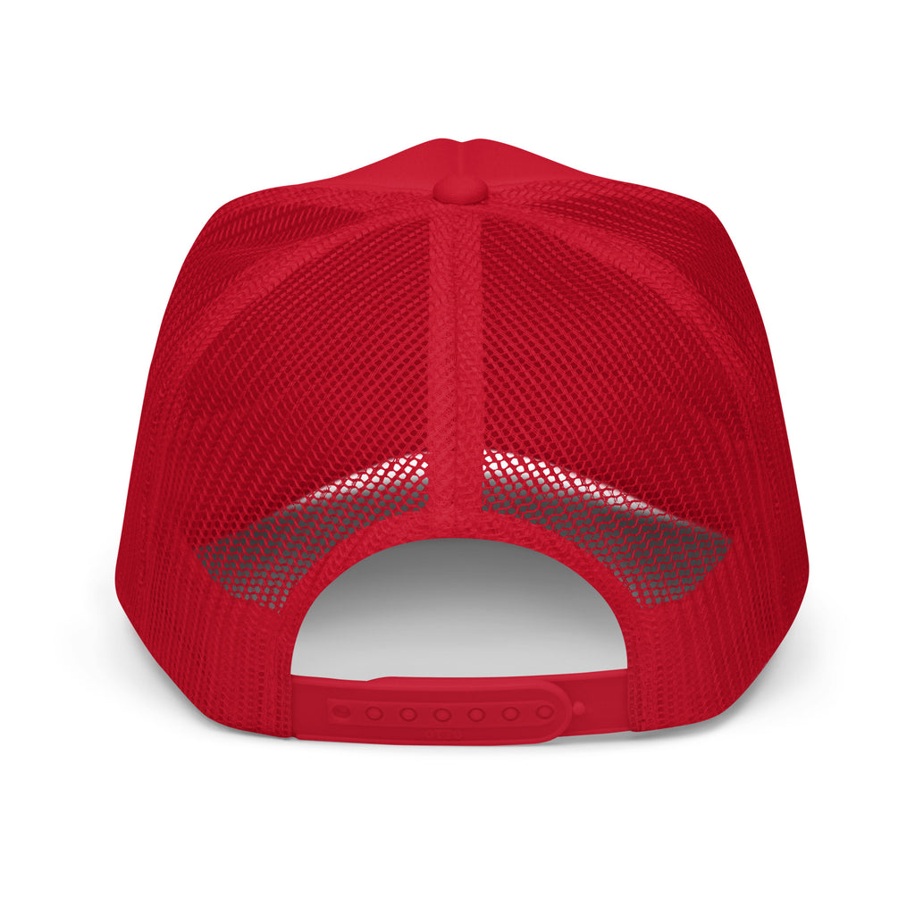 LivEƎvi⅃ foam trucker hat in red, back view