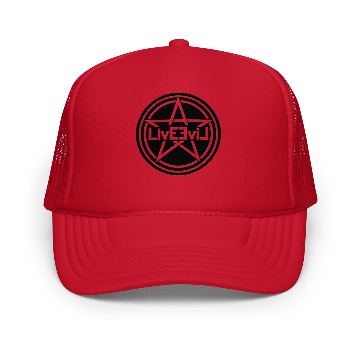 LivEƎvi⅃ foam trucker hat in red, front view