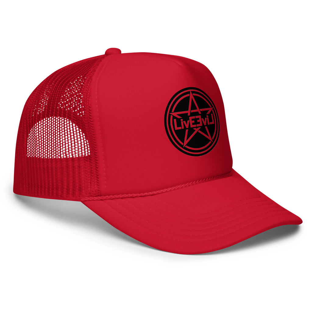 LivEƎvi⅃ foam trucker hat in red, right front view
