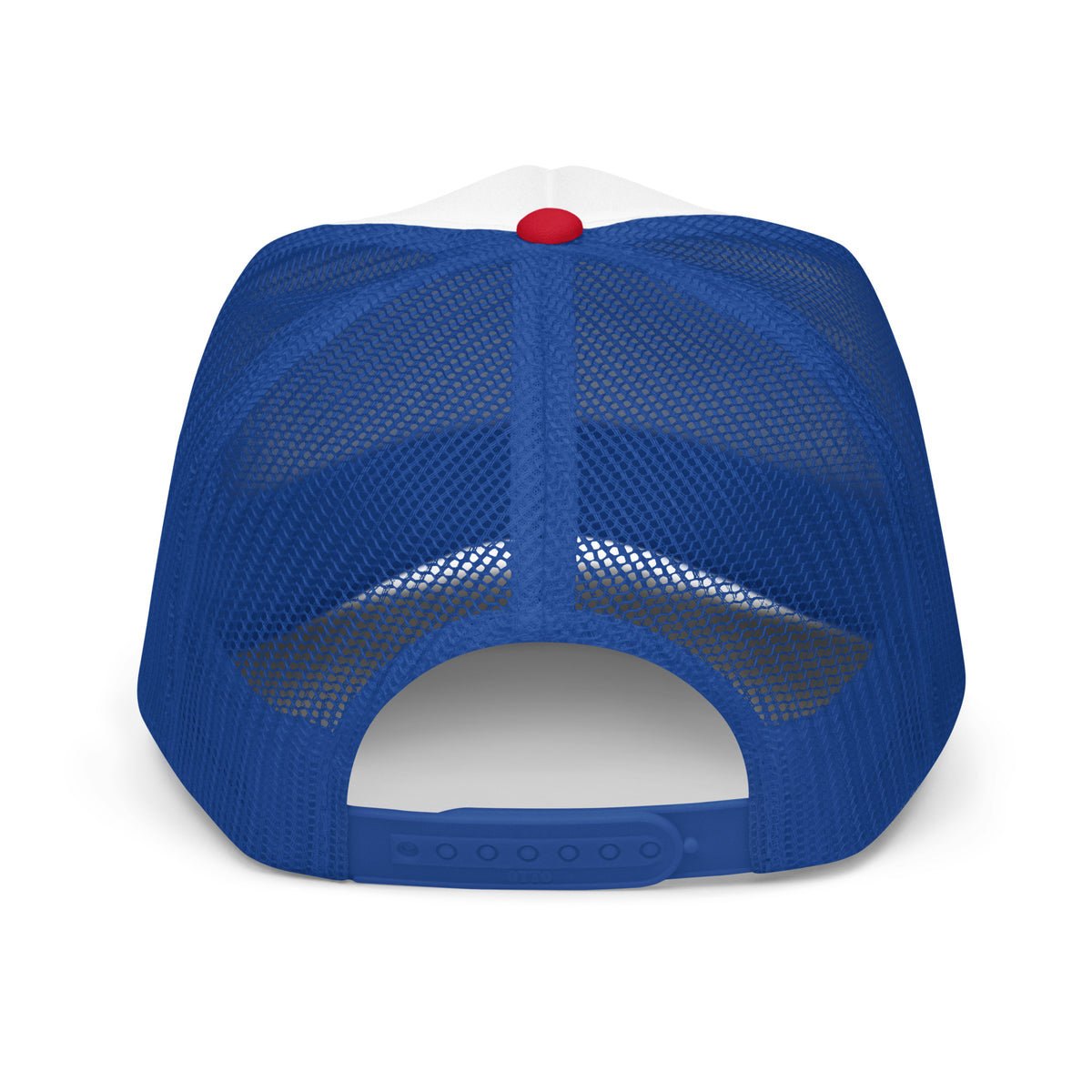 LivEƎvi⅃ foam trucker hat in red white and royal blue, back view