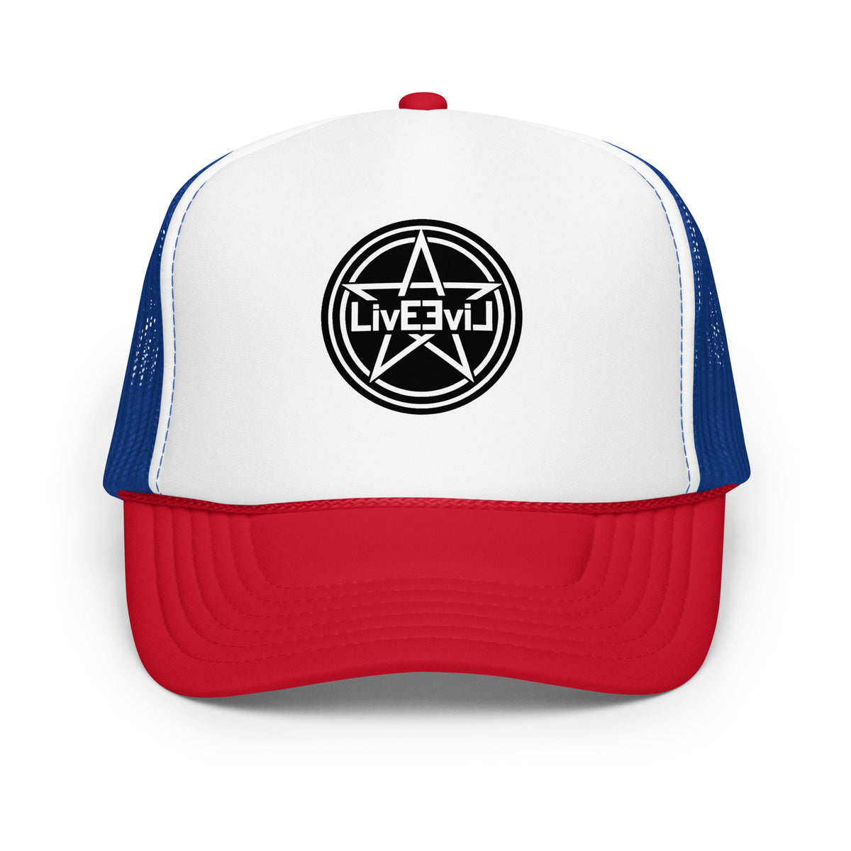 LivEƎvi⅃ foam trucker hat in red white and royal blue, front view