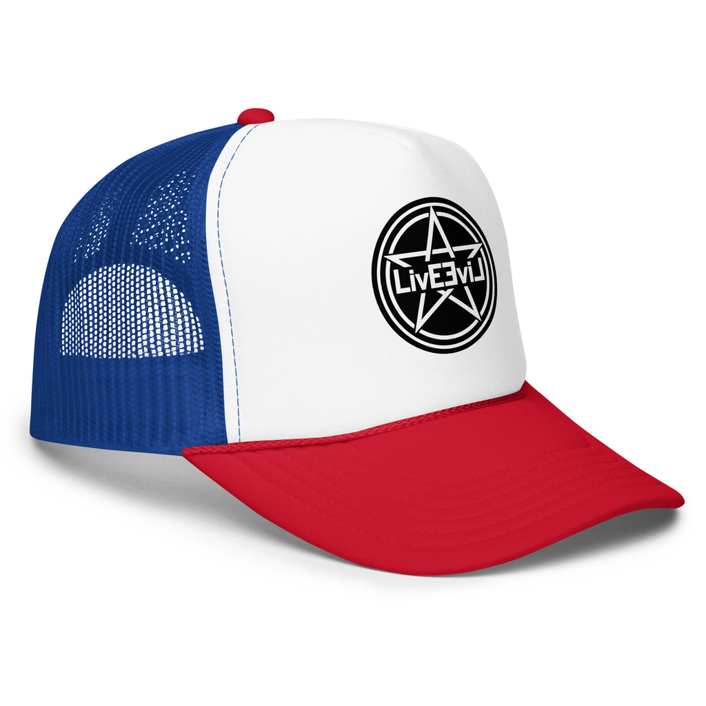 LivEƎvi⅃ foam trucker hat in red white and royal blue, right front view