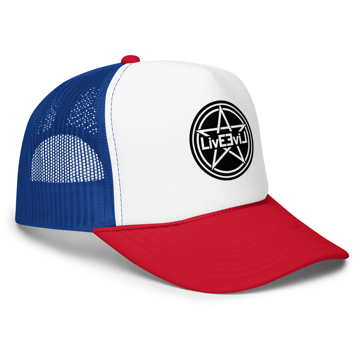 LivEƎvi⅃ foam trucker hat in red white and royal blue, right front view