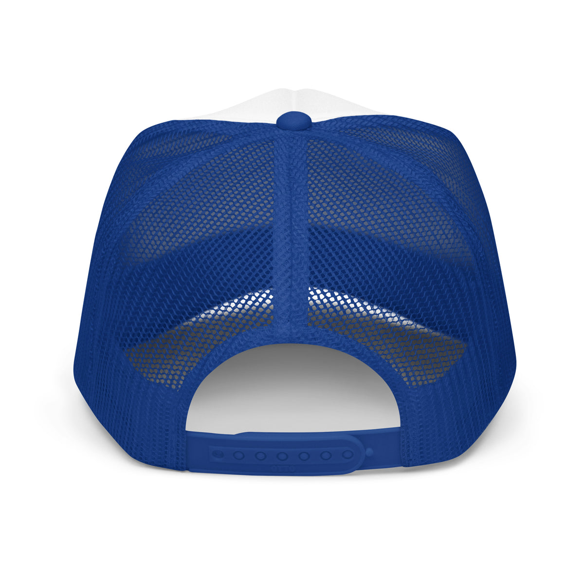 LivEƎvi⅃ foam trucker hat in royal blue and white, back view