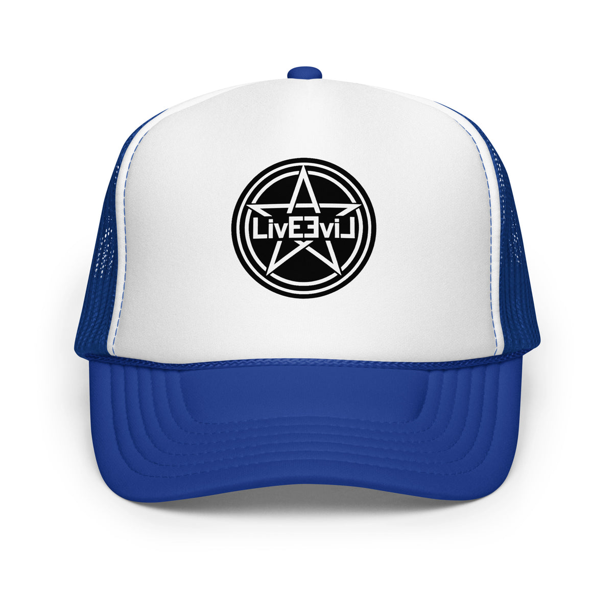 LivEƎvi⅃ foam trucker hat in royal blue and white, front view