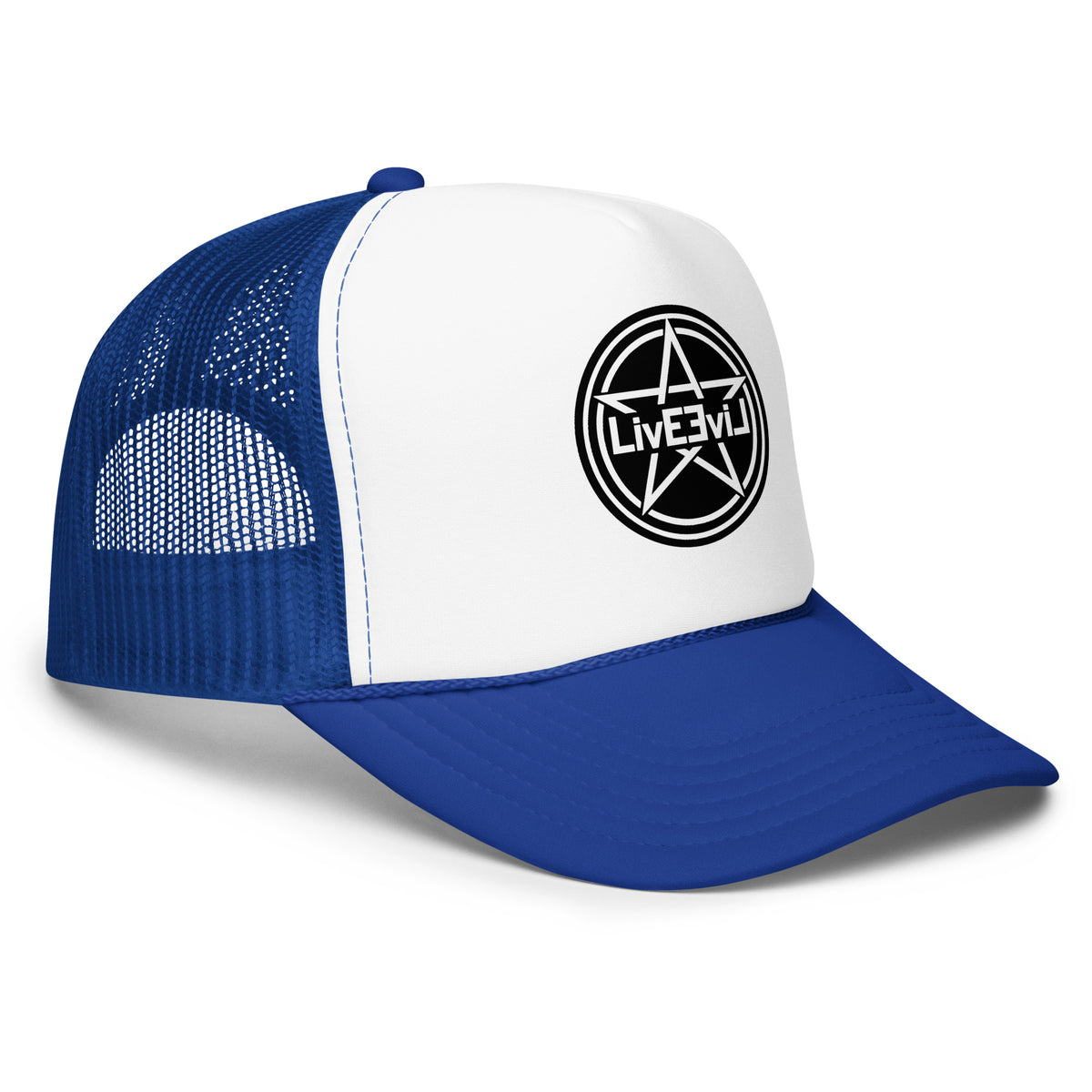 LivEƎvi⅃ foam trucker hat in royal blue and white, right front view
