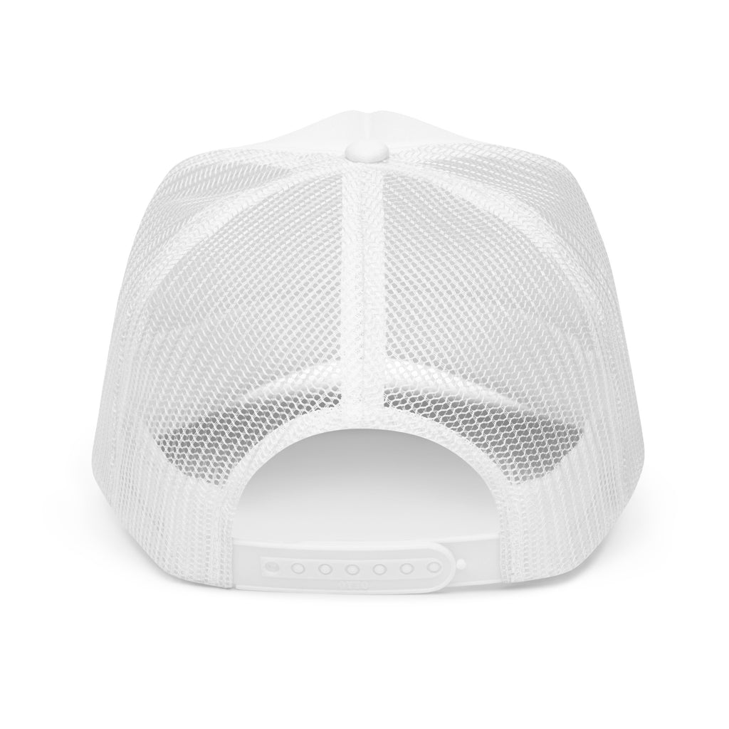 LivEƎvi⅃ foam trucker hat in white, back view
