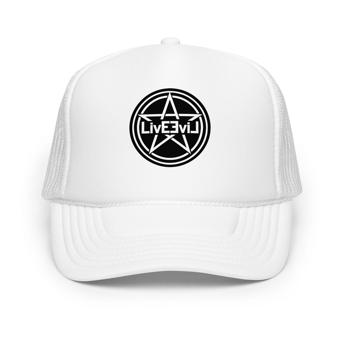 LivEƎvi⅃ foam trucker hat in white, front view