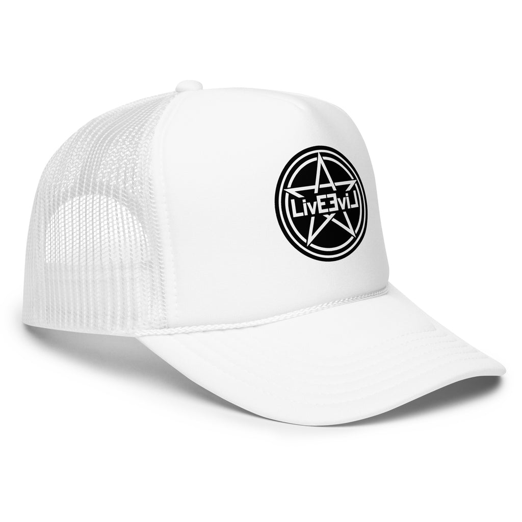 LivEƎvi⅃ foam trucker hat in white, right front view