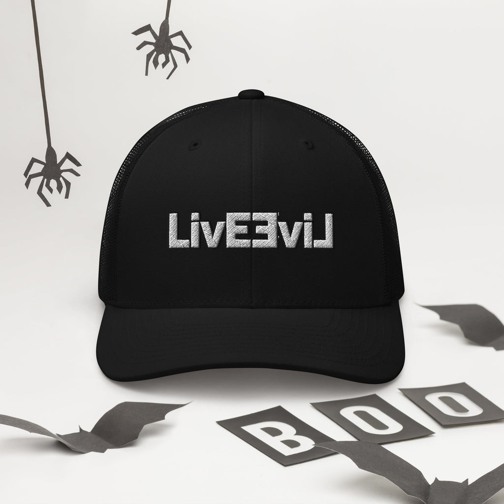 LivEƎvi⅃ trucker cap in black, alternate front view