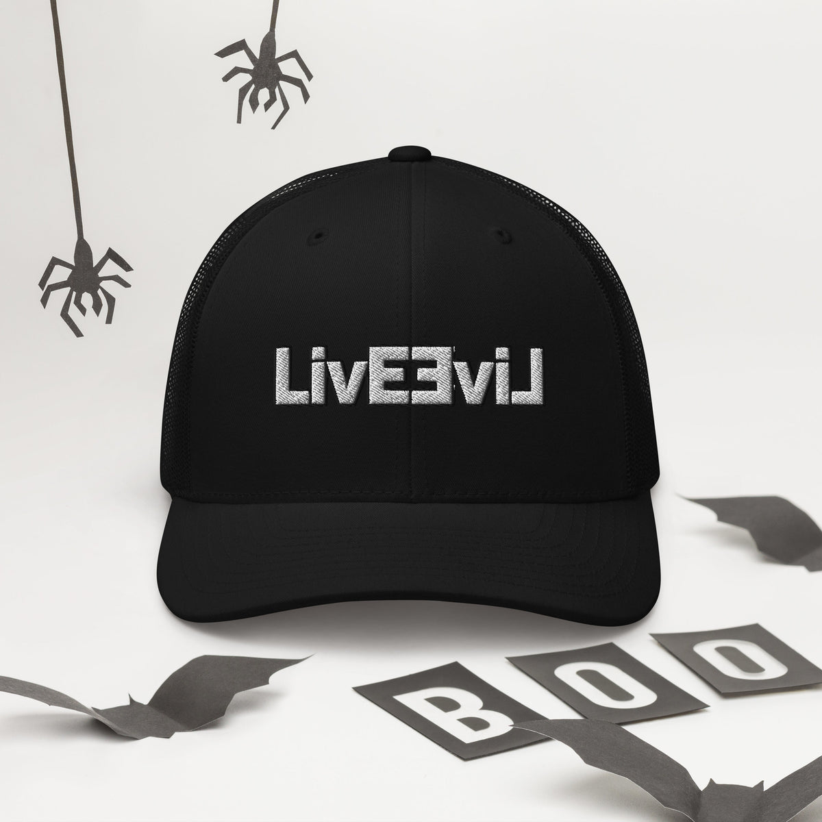 LivEƎvi⅃ trucker cap in black, alternate front view