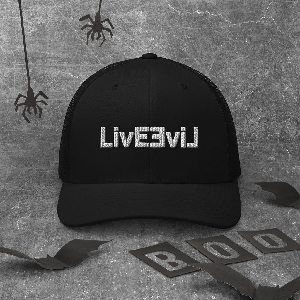 LivEƎvi⅃ trucker cap in black, front view