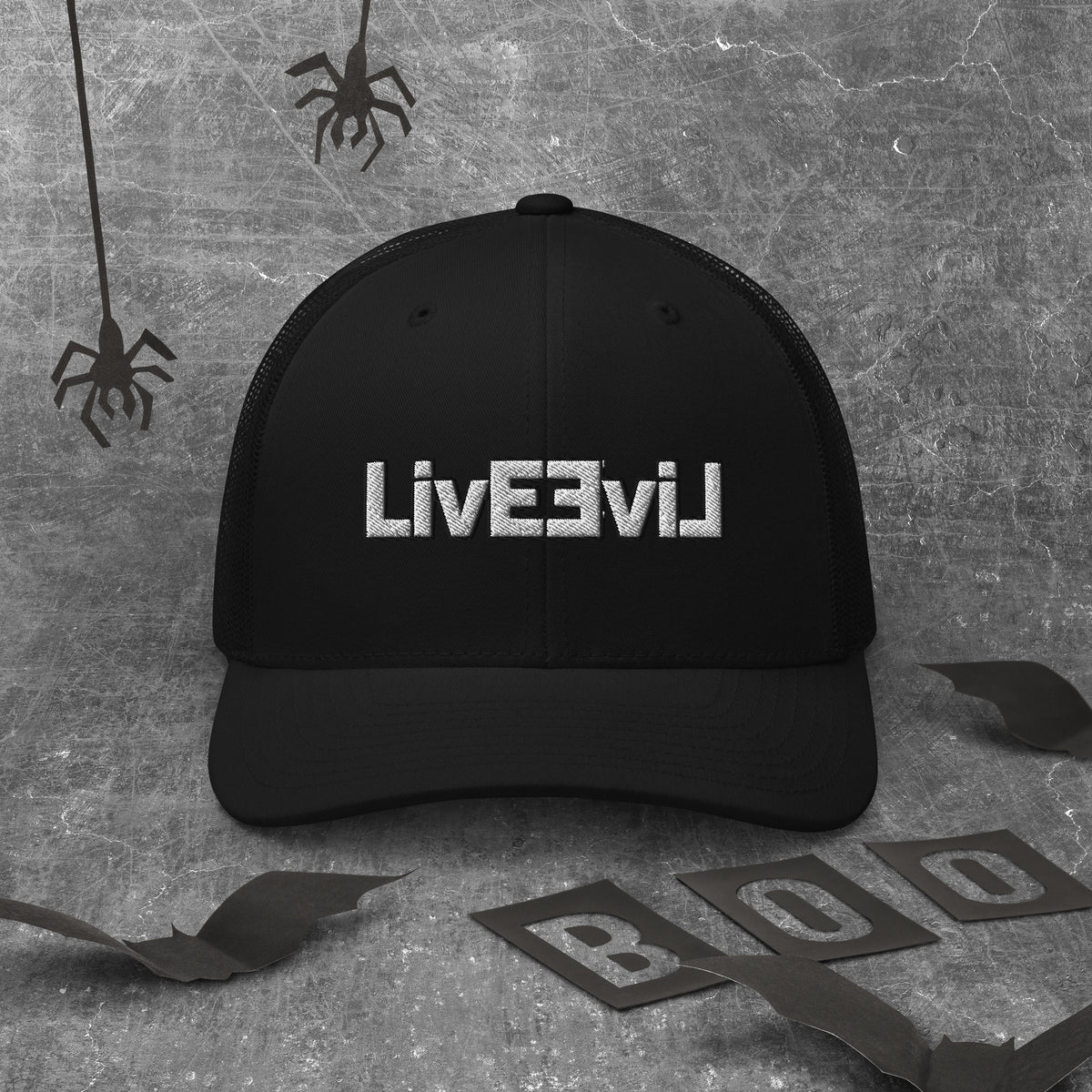 LivEƎvi⅃ trucker cap in black, front view
