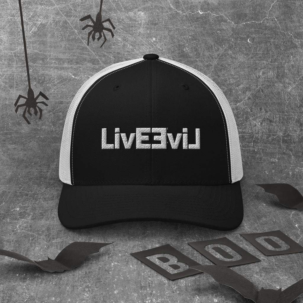 LivEƎvi⅃ trucker cap in black and white, front view