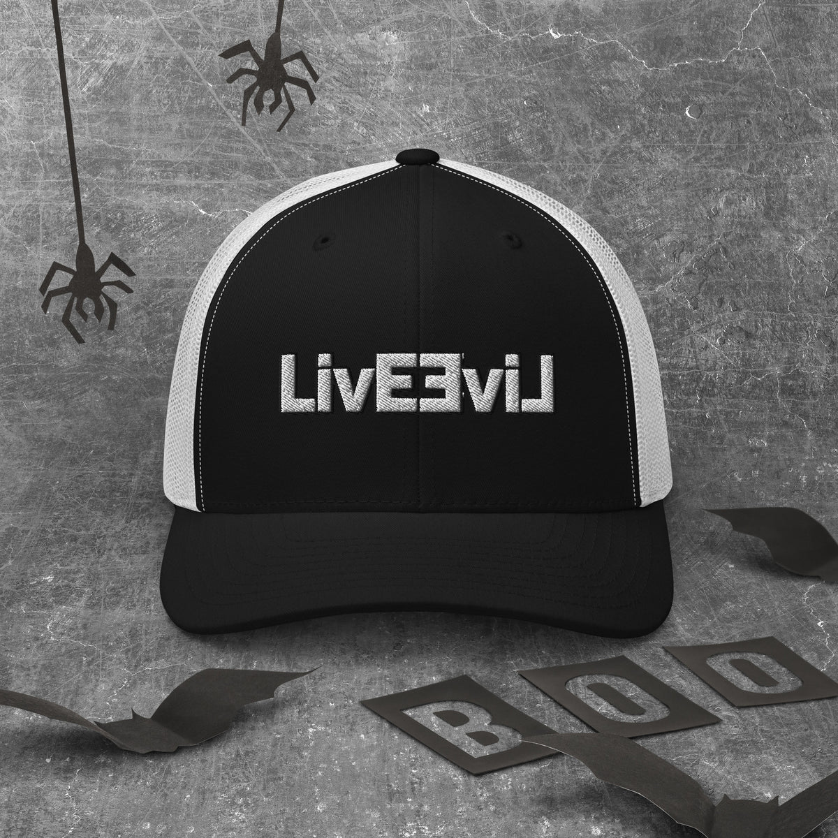 LivEƎvi⅃ trucker cap in black and white, front view