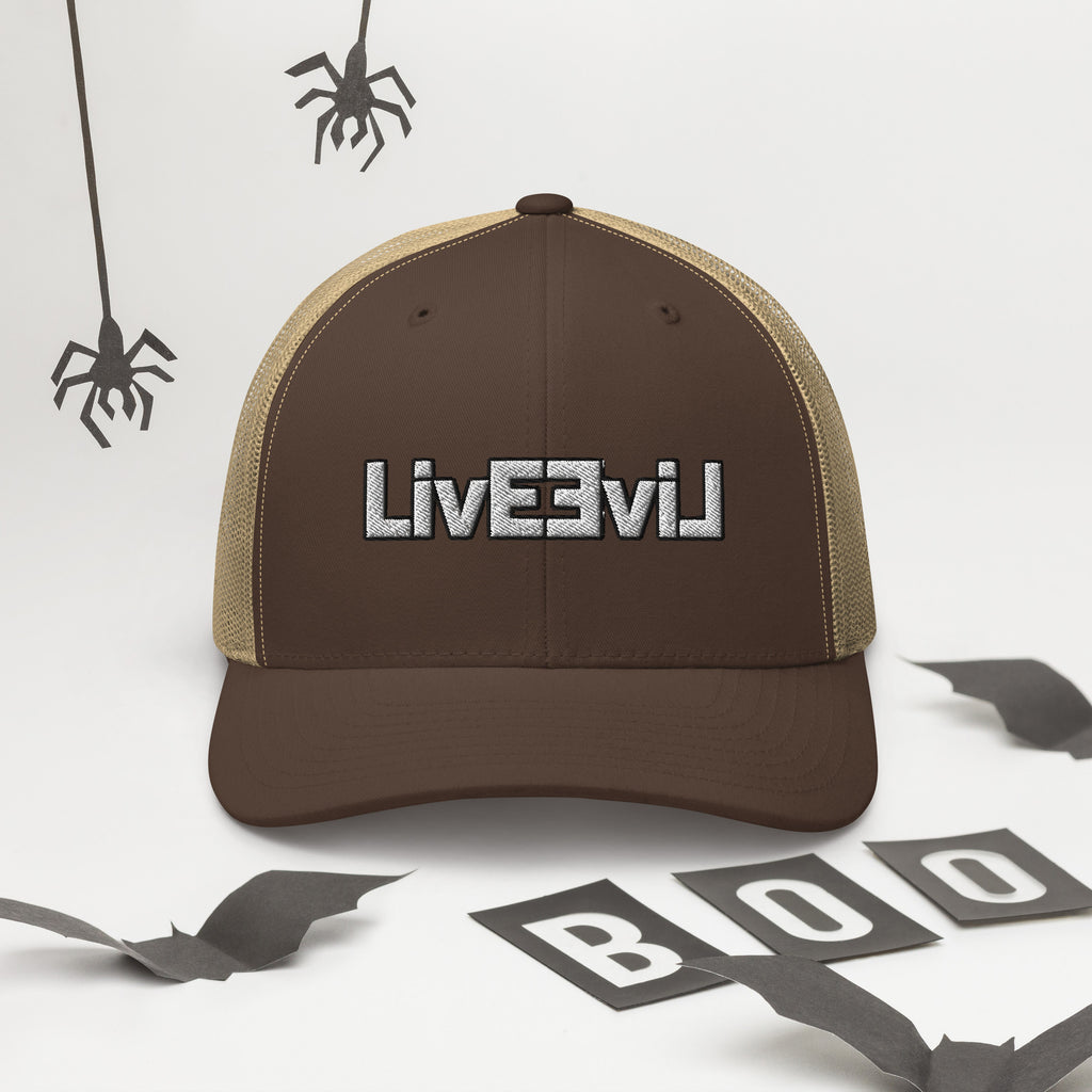 LivEƎvi⅃ trucker cap in brown and khaki, alternate front view