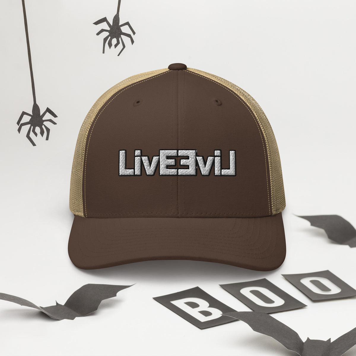 LivEƎvi⅃ trucker cap in brown and khaki, alternate front view